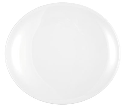 Weißer Porzellanteller, länglich, leer.