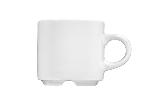 Weiße Tasse mit zwei Standfüßen.