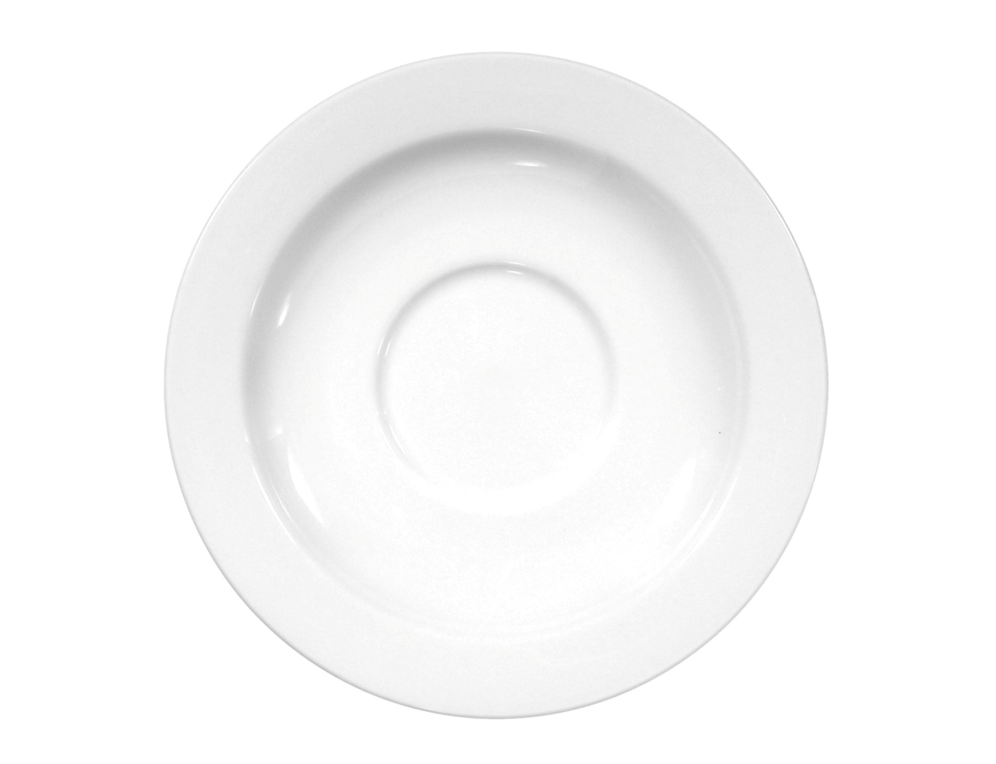 Weiße Porzellan-Untertasse seitlich fotografiert.