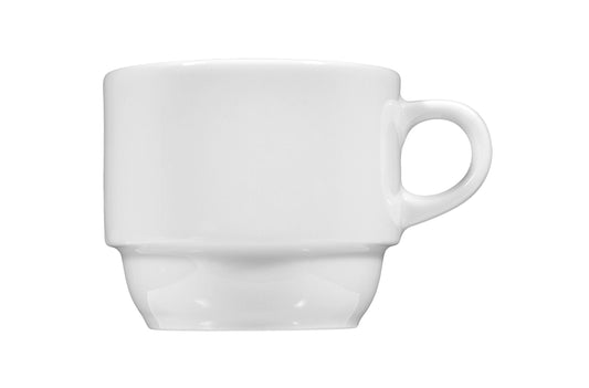 Weiße Kaffeetasse aus Porzellan.