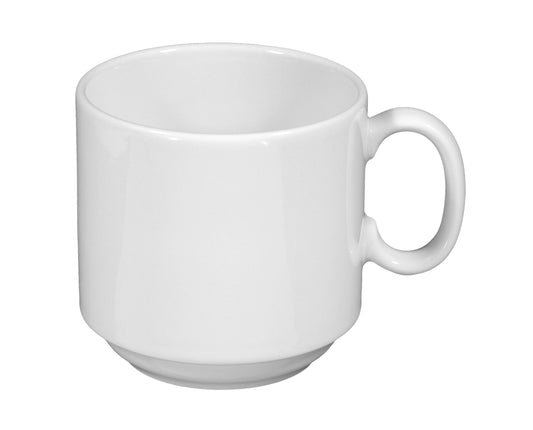 Weiße Tasse, schlichtes Gastronomiegeschirr.