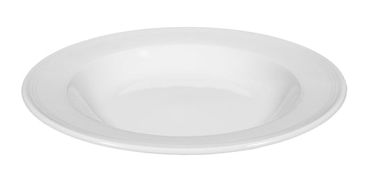 Leerer weißer Suppenteller auf Tisch.