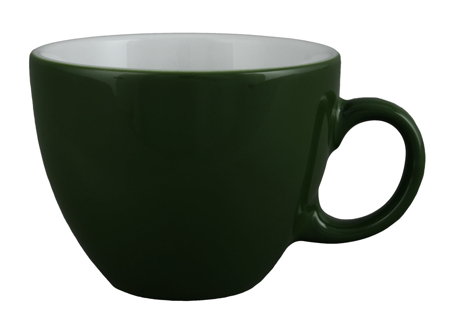 Grüne Kaffeetasse auf weißem Hintergrund.