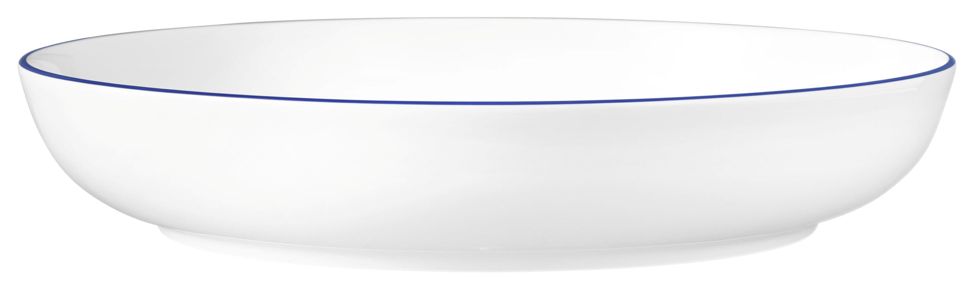 Weiße Schale mit blauem Rand.