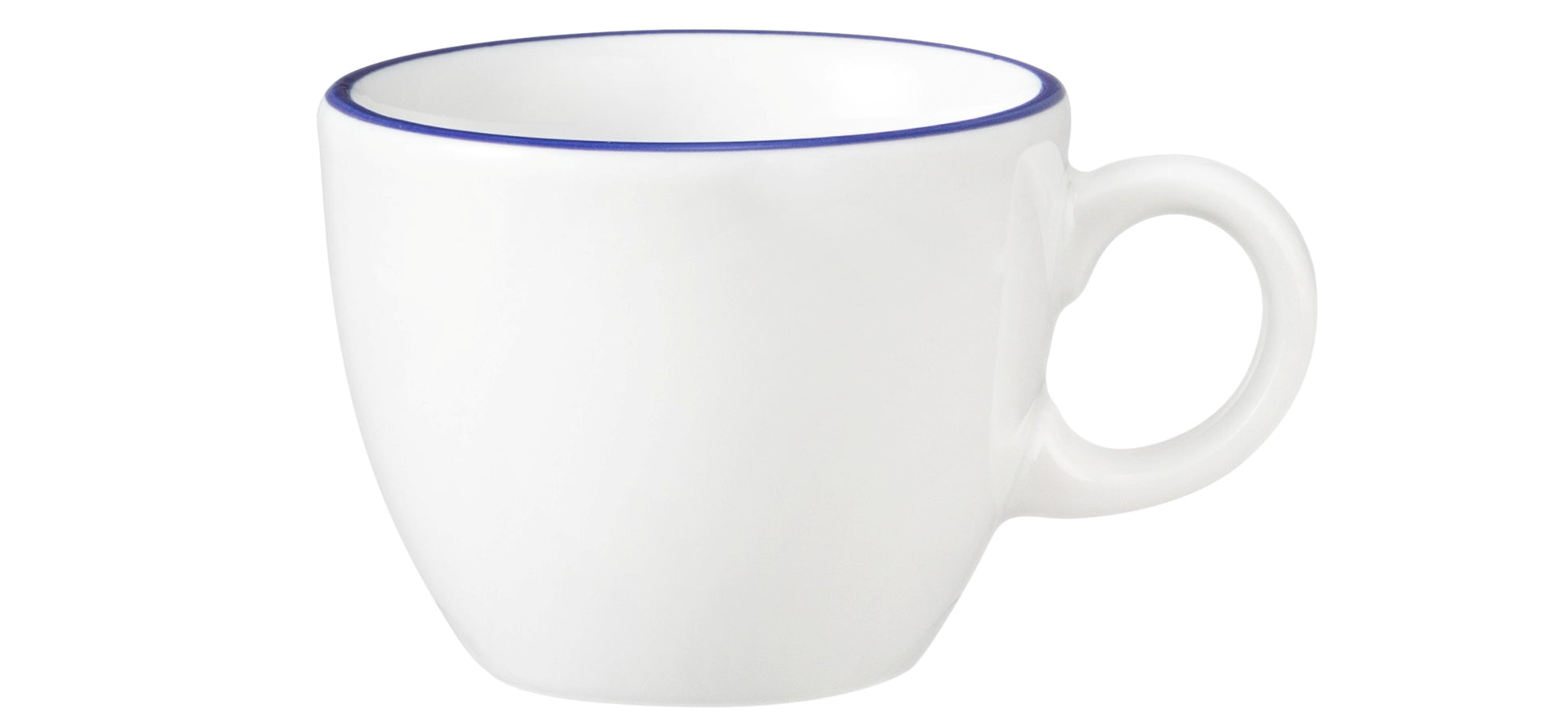 Weiße Tasse mit blauem Rand.