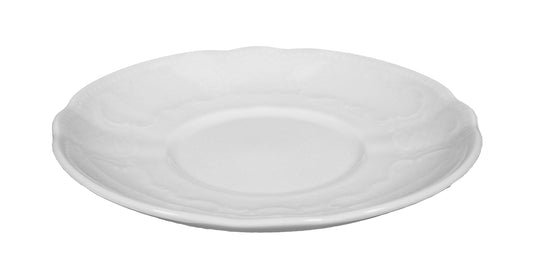 Weiße Porzellanuntertasse, schlicht, leer.