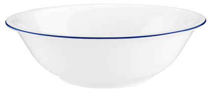 Weiße Schüssel mit blauem Rand.
