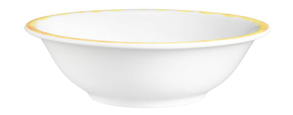 Weiße Schale mit gelbem Rand.