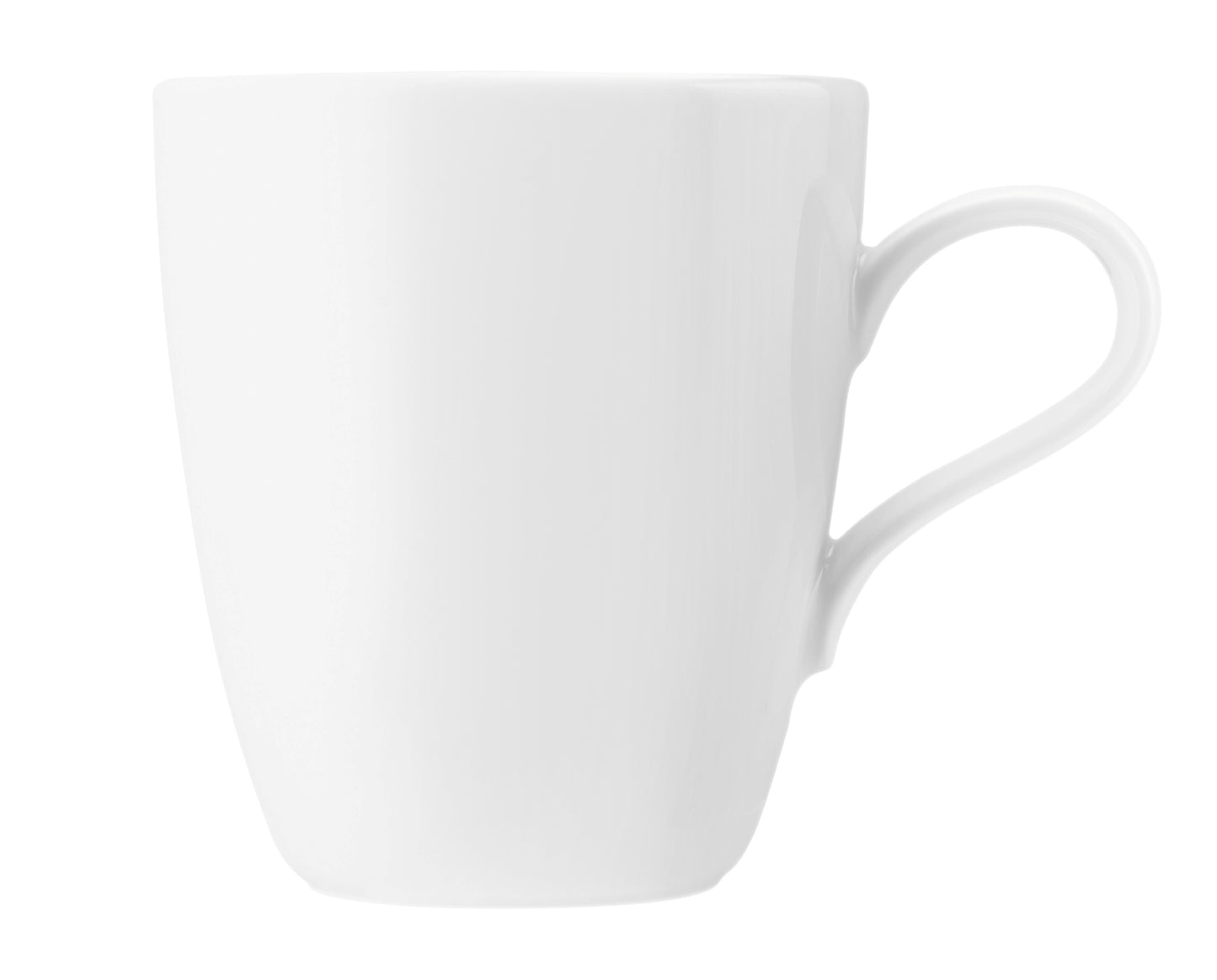 Weiße Kaffeetasse auf weißem Hintergrund.