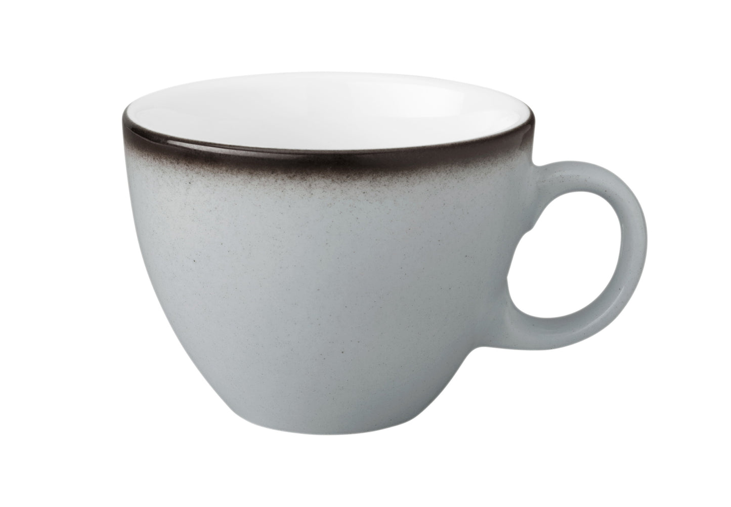 Graue Kaffeetasse aus Porzellan.