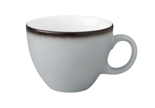 Graue Kaffeetasse aus Porzellan.