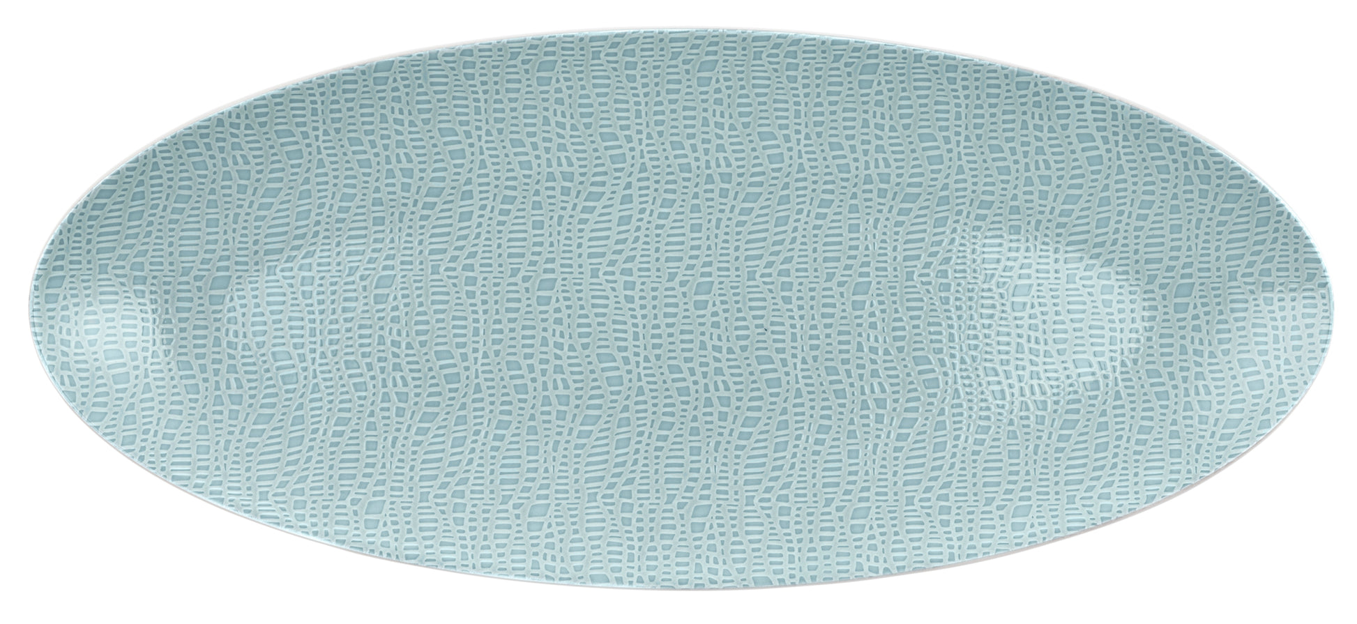 Hellblauer, leerer Porzellanteller, oval.
