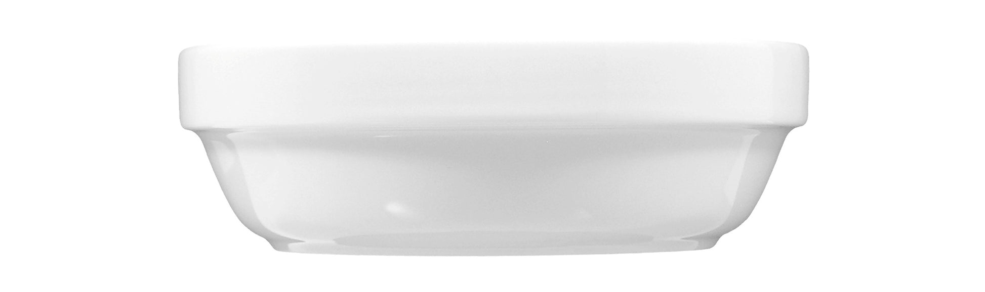 Weiße Porzellanschale, schlicht, leer.