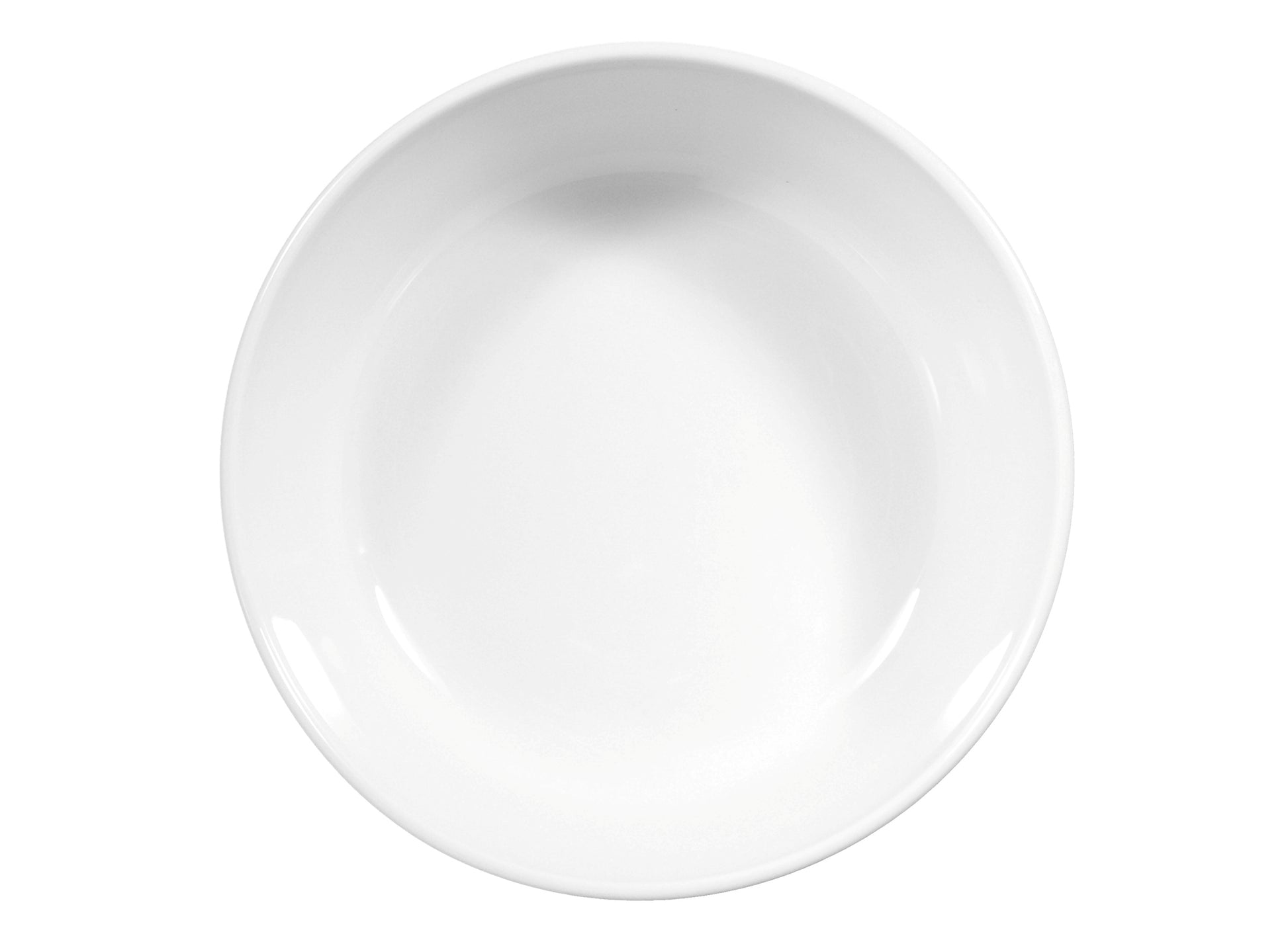 Weiße Porzellanschale, schlicht, leer.
