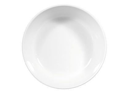 Weiße Porzellanschale, schlicht, leer.