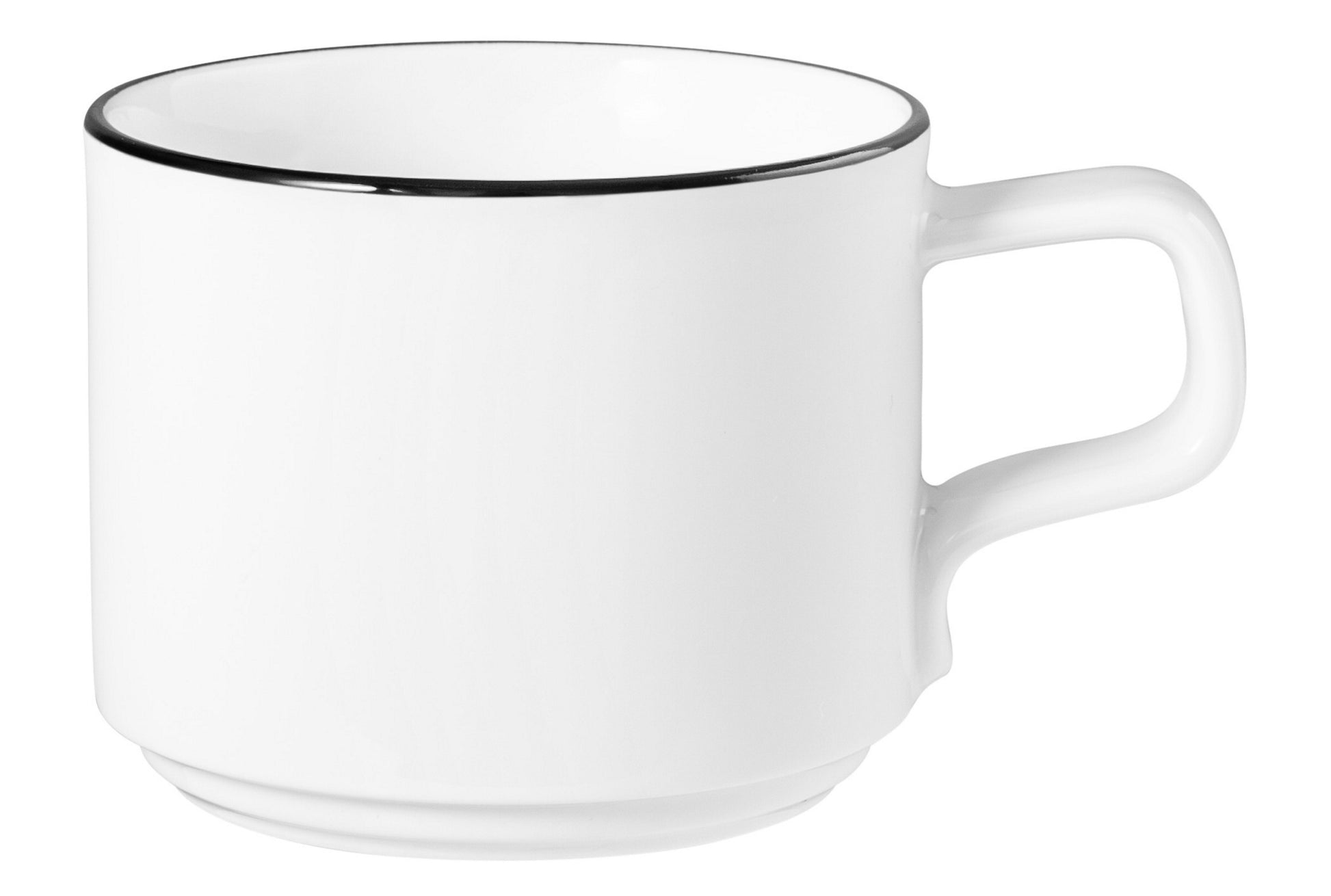 Weiße Kaffeetasse mit schwarzem Rand