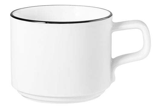 Weiße Kaffeetasse mit schwarzem Rand