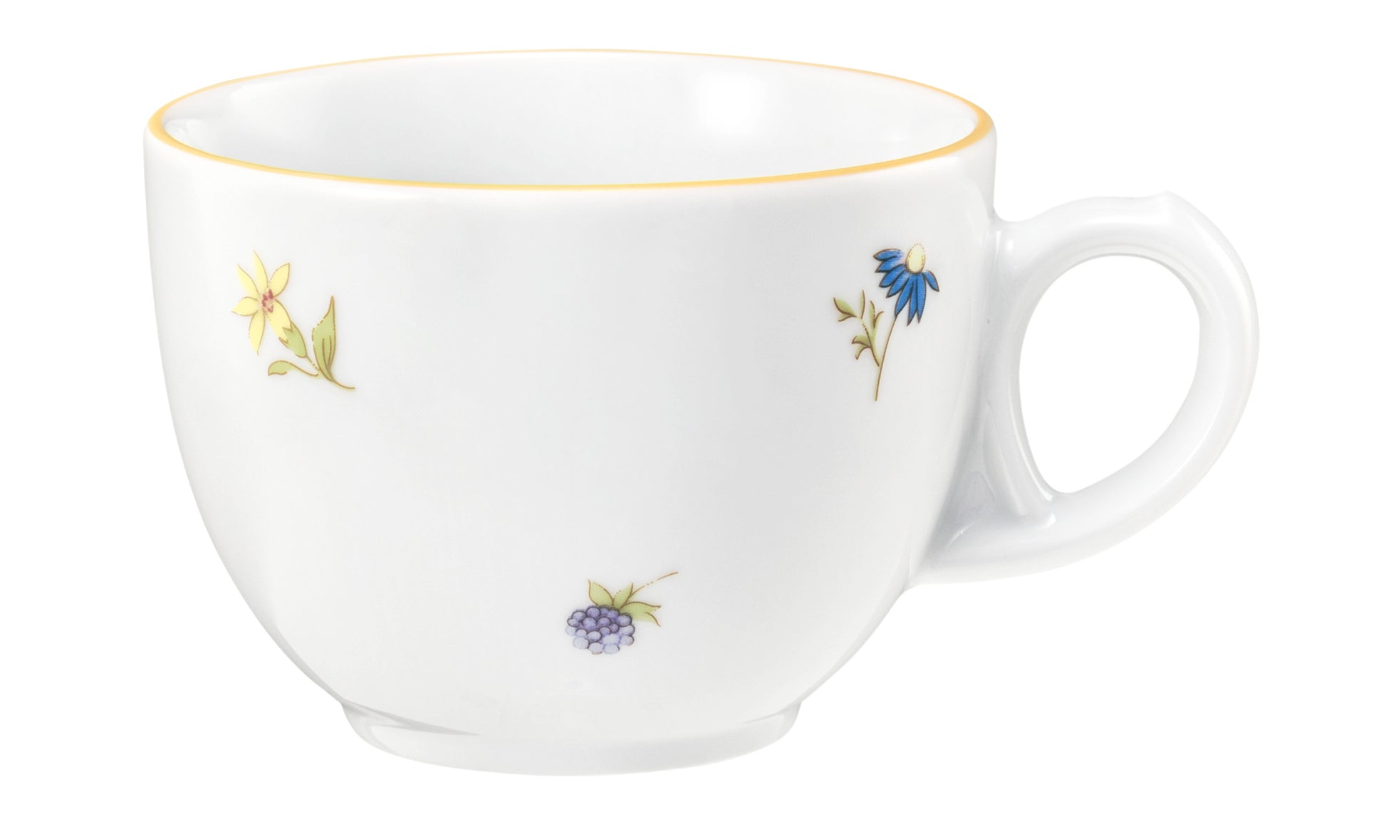 Weiße Tasse mit Blumenmuster.