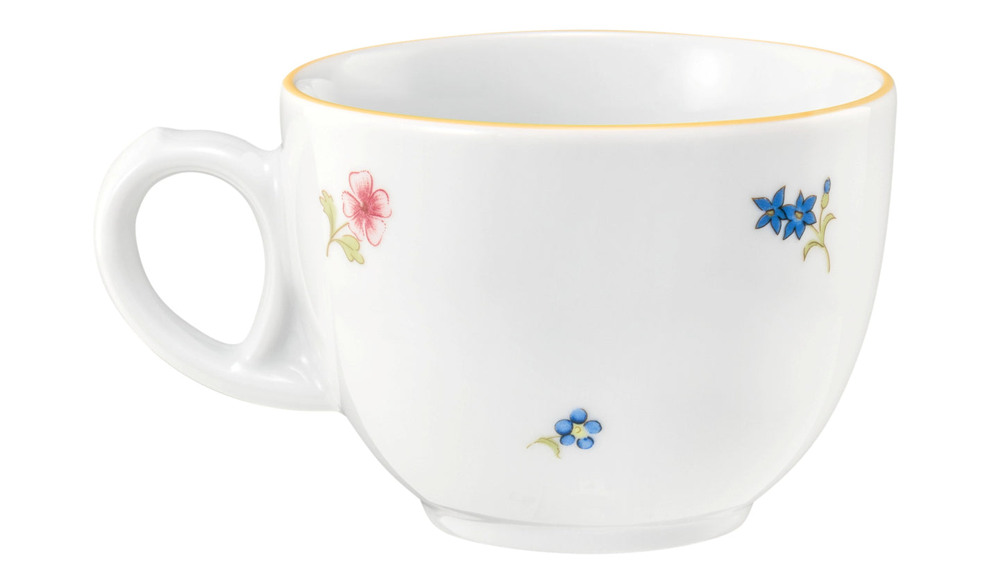 Weiße Tasse mit Blumenmuster.
