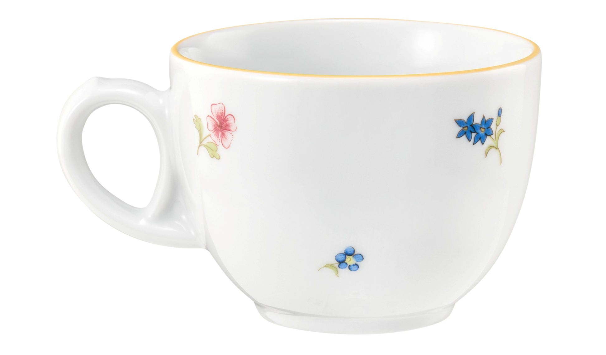Weiße Tasse mit Blumenmuster.