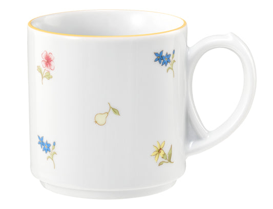 Weiße Tasse mit Blumenmuster.