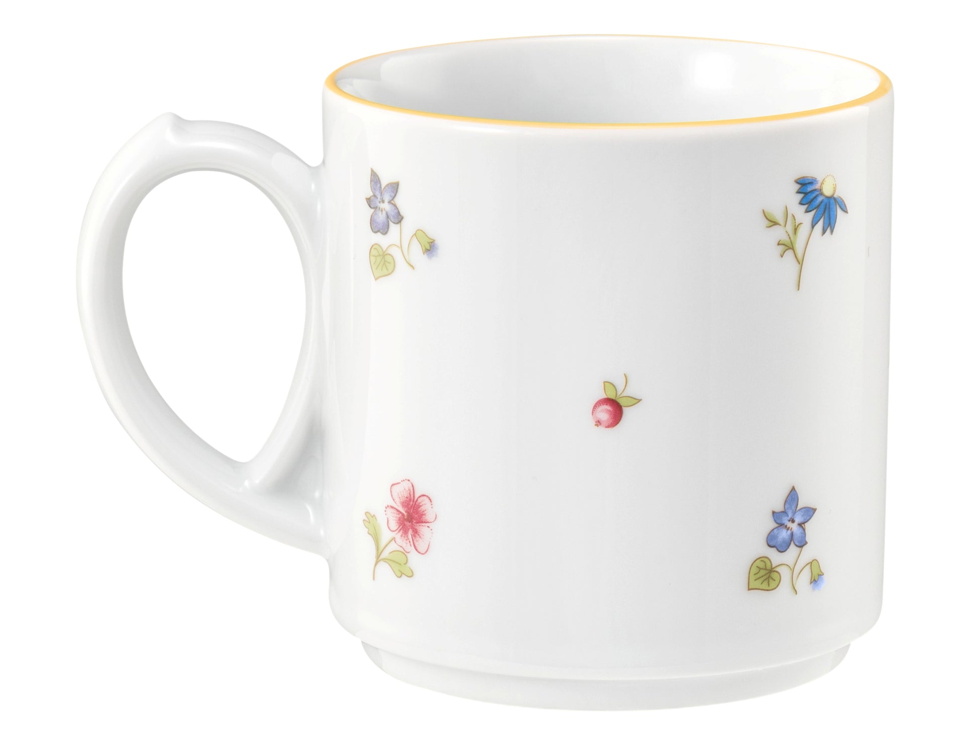 Weiße Tasse mit Blumenmuster.