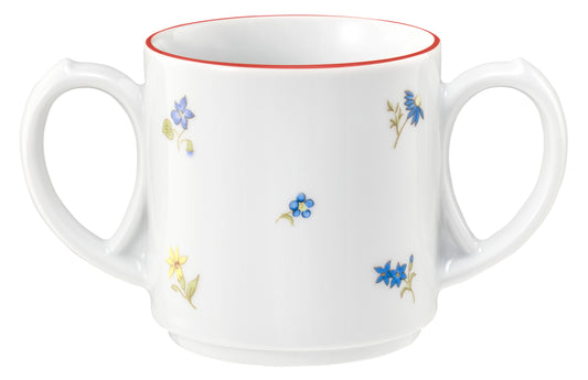 Zweihenkelige Tasse mit Blumenmuster.