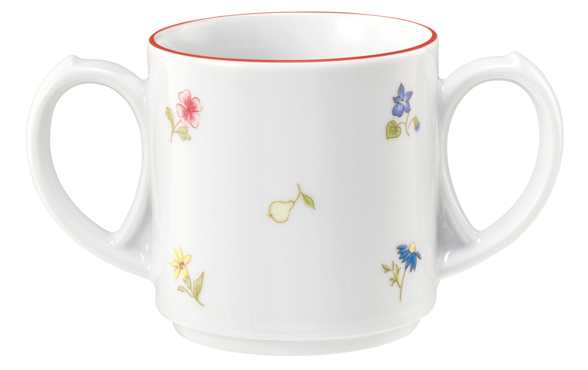 Zweihenkelige Tasse mit Blumenmuster.