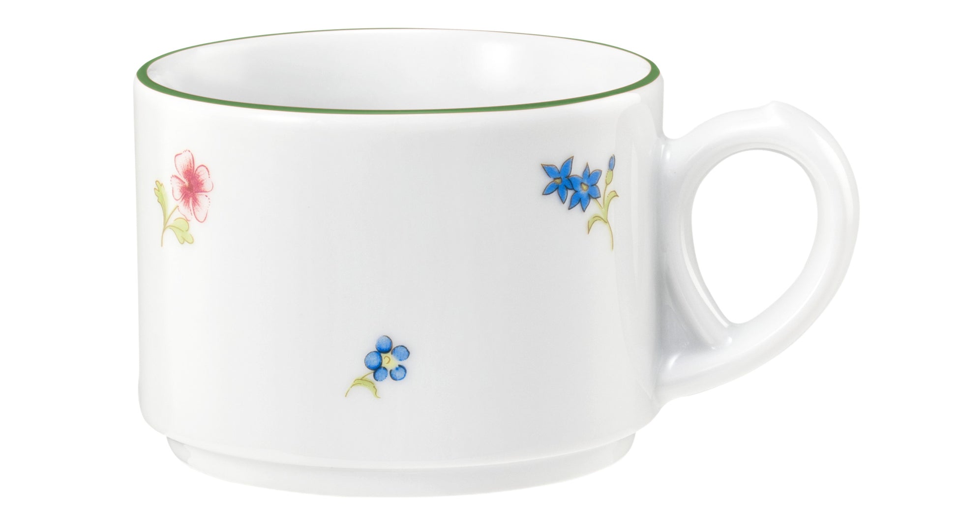 Weiße Tasse mit Blumenmuster.