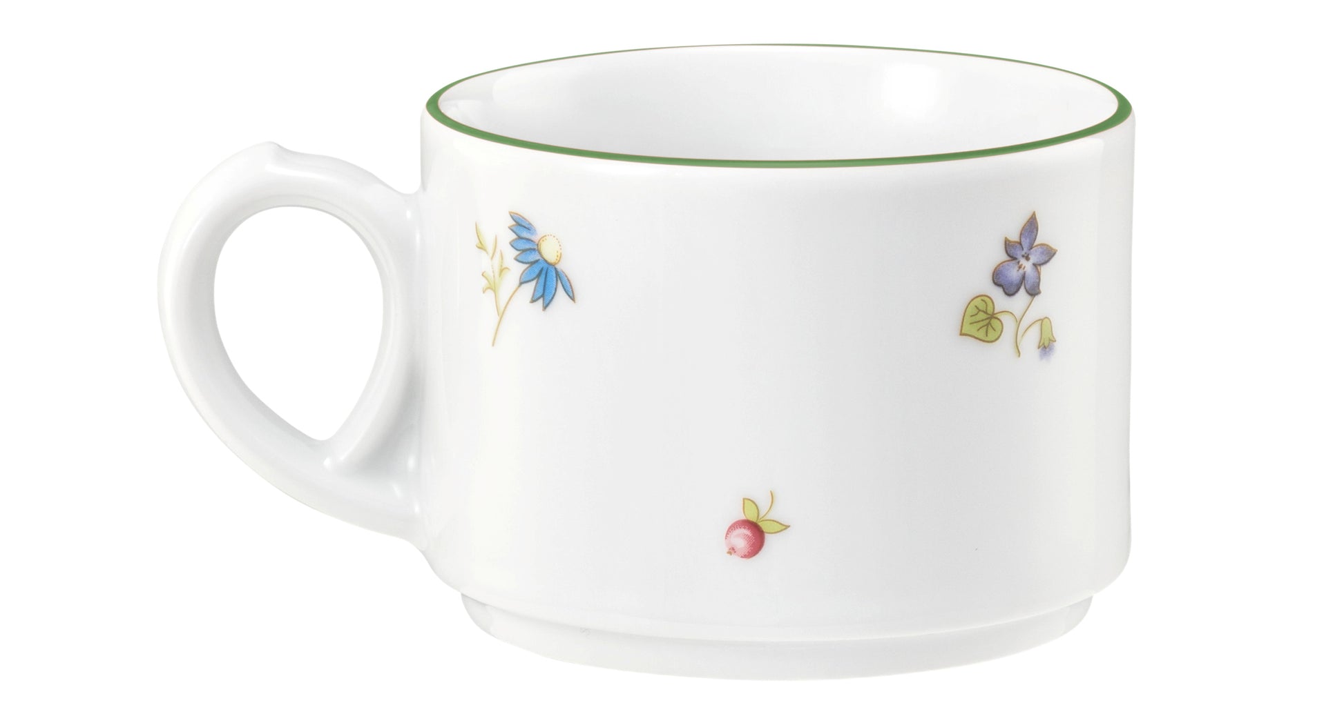 Weiße Tasse mit Blumenmuster.