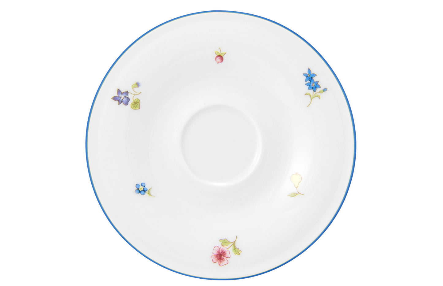 Weiße Untertasse mit Blumenmuster.