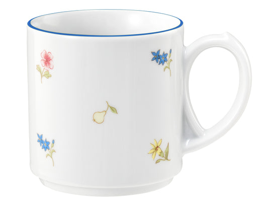 Blaue und gelbe Blumen auf Tasse