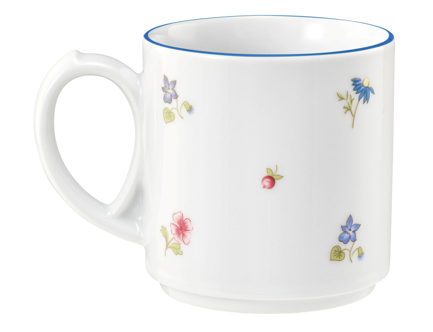 Blaue und gelbe Blumen auf Tasse