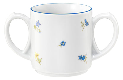 Zweihenkelige Tasse mit Blumenmuster.