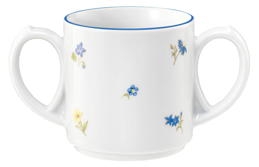Zweihenkelige Tasse mit Blumenmuster.
