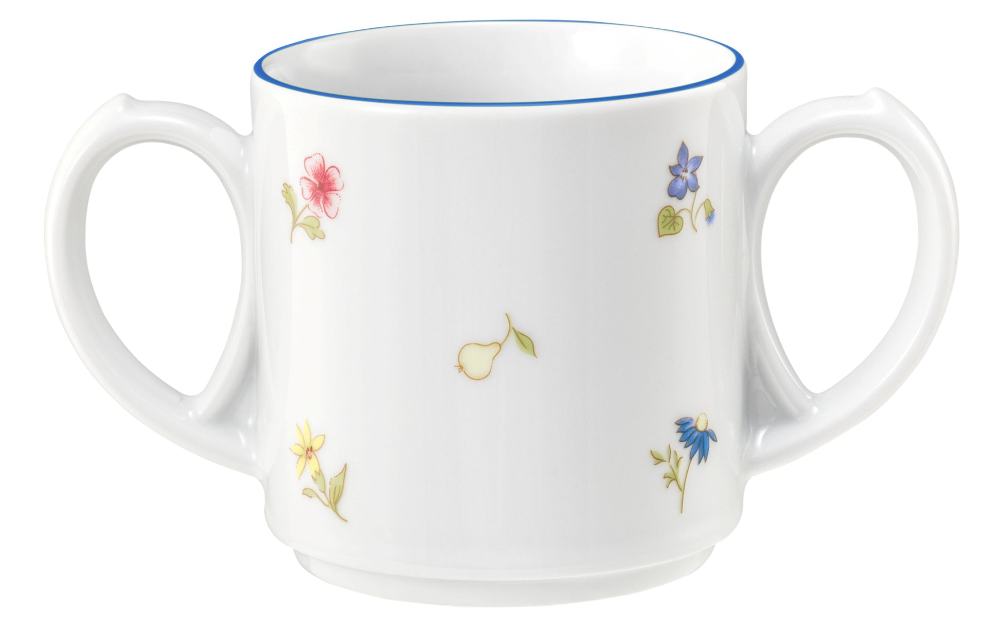Zweihenkelige Tasse mit Blumenmuster.