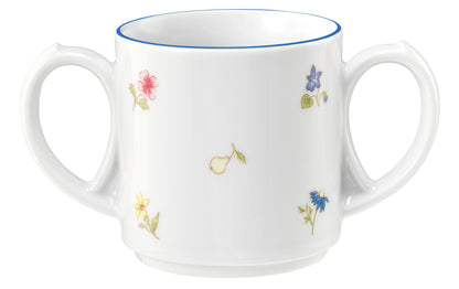 Zweihenkelige Tasse mit Blumenmuster.