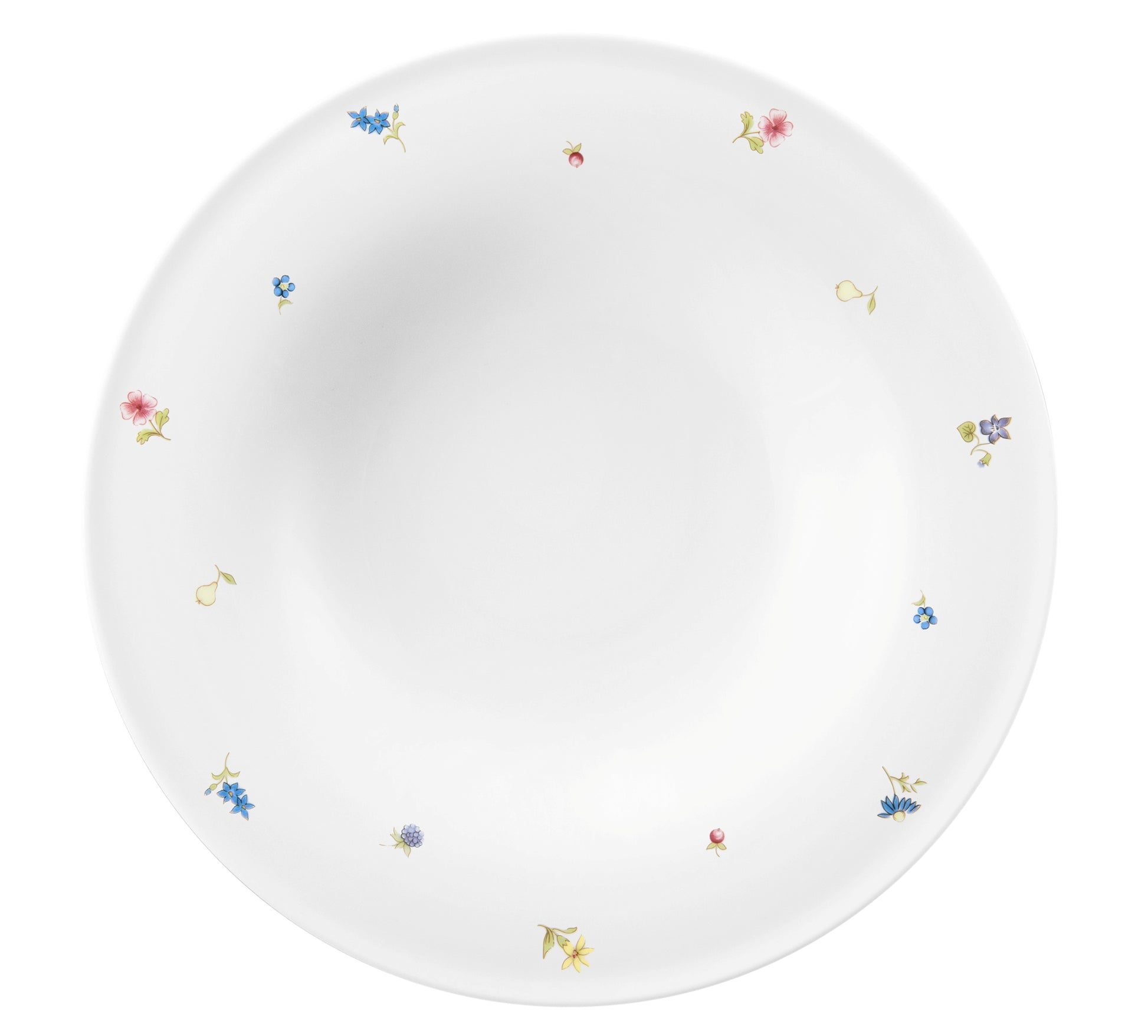 Weiße Suppenschale mit Blumenmuster.