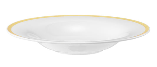 Weiße Schale mit Goldrand.
