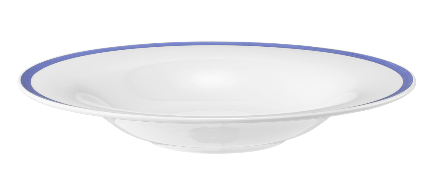 Flache Glasschale mit blauem Rand