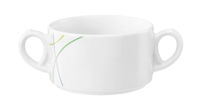 Weiße Kaffeetasse mit bunten Linien