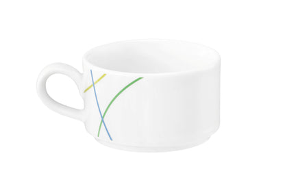 Weiße Kaffeetasse mit bunten Linien