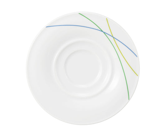 Weiße Untertasse mit farbigen Linien