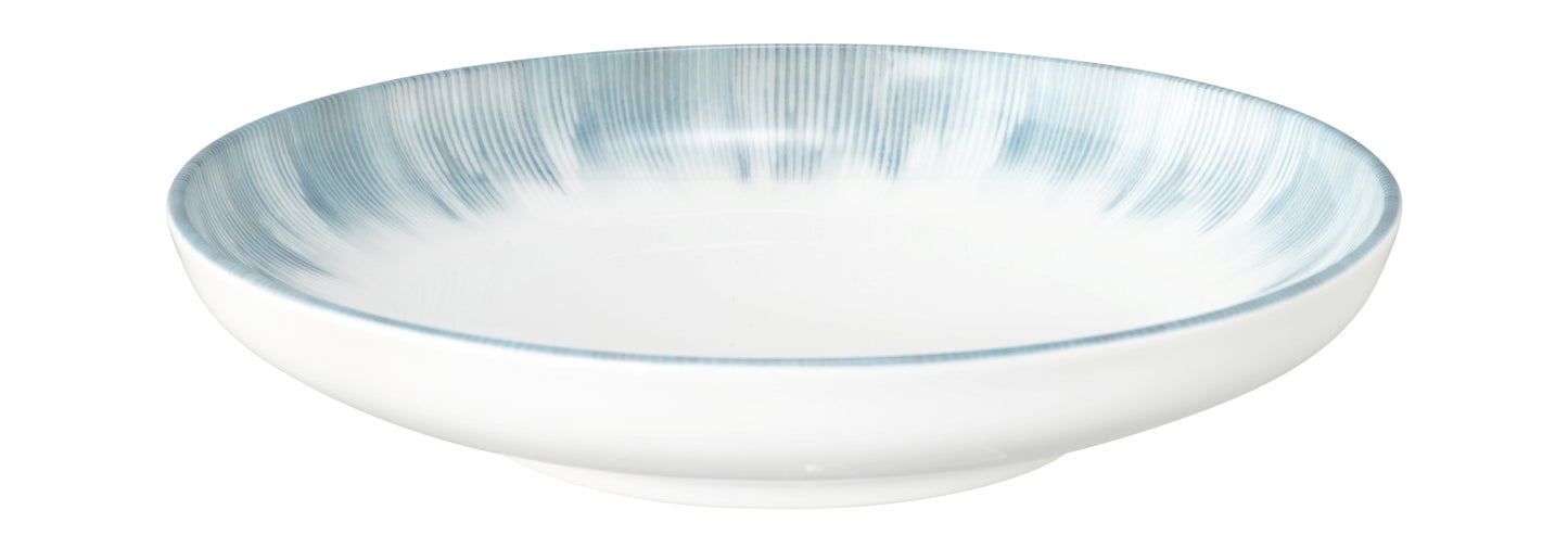 Weiße Schale mit blauem Rand.