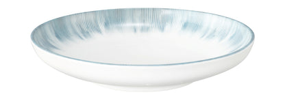 Weiße Schale mit blauem Rand.