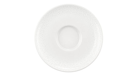 Weiße Untertasse, schlichtes Gastronomiegeschirr.