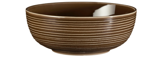 Braune Keramikschale mit Streifen.