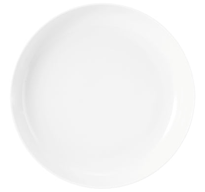 Weiße, flache Porzellanschale, leer.