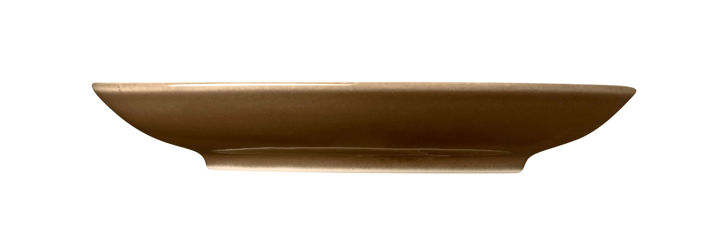 Brauner, leerer Keramikteller, frontal.