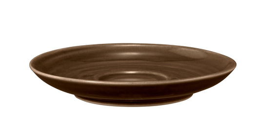 Brauner, leerer Keramikteller, frontal.